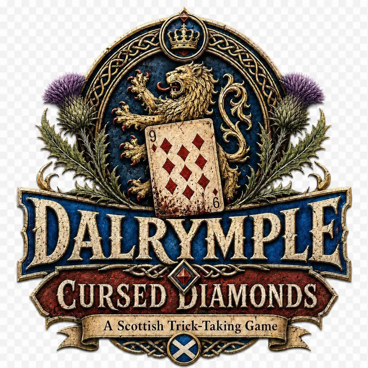 An ornamental Dalrymple crest concept with a crowned gold lion, thistles, the Nine of Diamonds, layered title banners, and a Scottish flag medallion