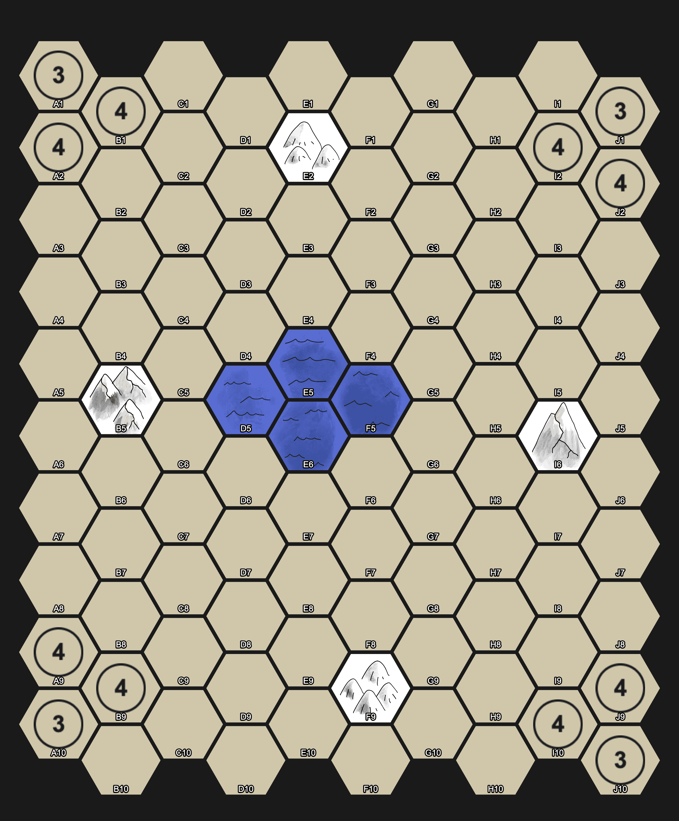 PIP Fall 10 by 10 hex battlefield showing four starting areas, mountain Hazards, and water Hazards